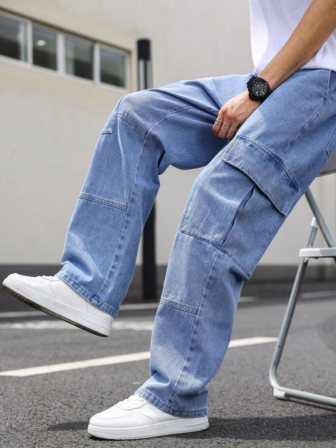 Manfinity EMRG Men's Casual Cargo Jeans With Flap Side Pockets, Plain Long Baggy Cargo Navy Blue Washed Cargo Jeans, For Husband, Boyfriend Gifts Blue