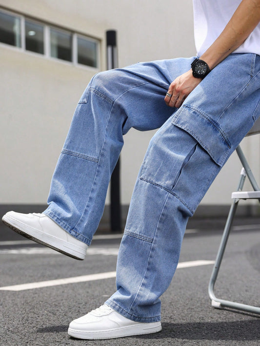 Manfinity EMRG Men's Casual Cargo Jeans With Flap Side Pockets, Plain Long Baggy Cargo Navy Blue Washed Cargo Jeans, For Husband, Boyfriend Gifts Blue