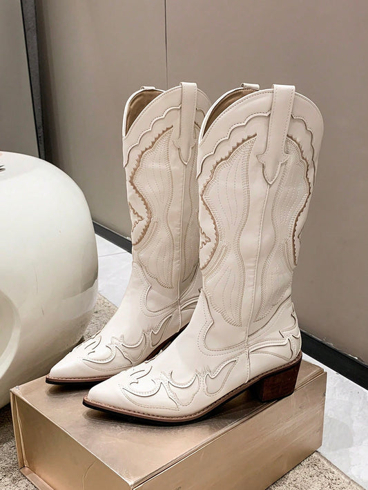 Women's Vintage Western Boots With Embroidery, Fashionable For Outerwear Cowboy Boots Beige