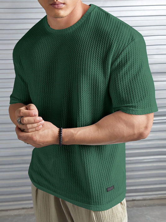 Manfinity Modomio Loose Fit Men's Solid Waffle Knit Short Sleeve Tee Dark Green