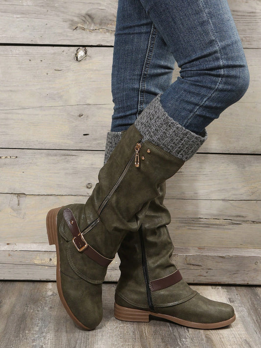 Women's Knee-High Tight Knit Low Heel Riding Boots , Match With Cardigan Army Green