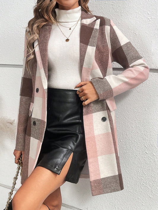 SHEIN Raffinéa Plaid Double Breasted Suit Watermelon Pink