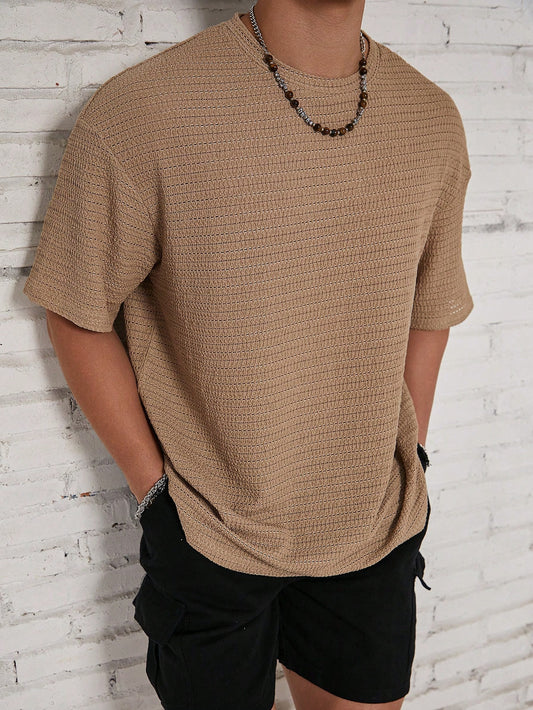 Manfinity RSRT Men Solid Color Beach Plain Textured Short Sleeve T-Shirt, Boyfriend Gift, For Going Out Multicolor