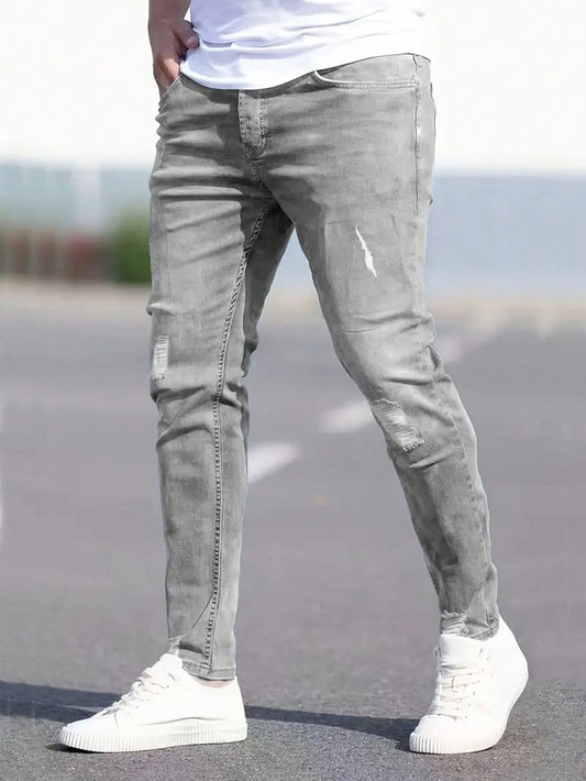 Men's Stylish Slim Fit Distressed Jeans Grey