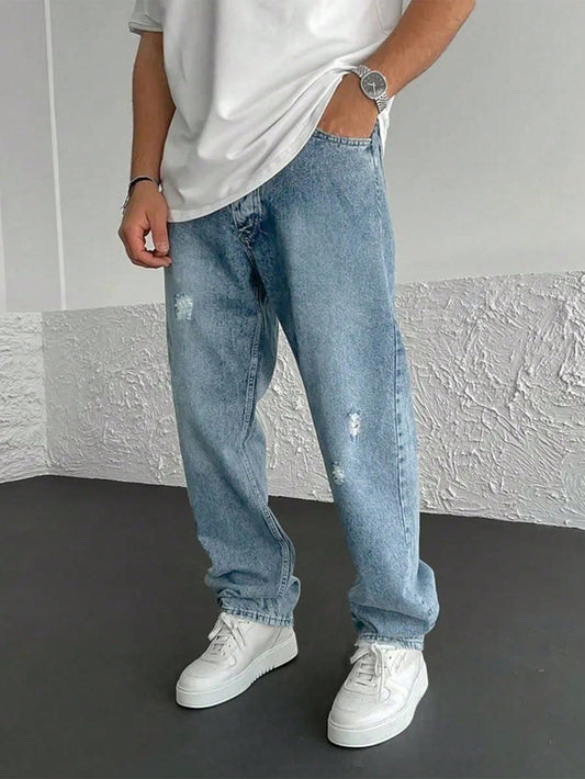 Men Ripped Straight Leg Jeans Light Wash