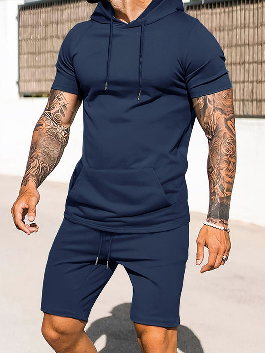 Manfinity Homme Men Summer Daily Wear Plain Hoodie And Shorts Set Navy Blue