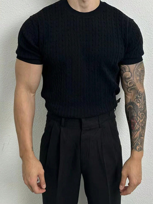 Manfinity Hypemode Men's Solid Color Knitted Short Sleeve Top Black