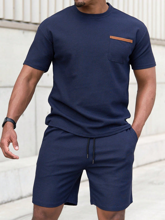 Manfinity Homme Men Summer Casual Color-Block Pocket Short Sleeve T-Shirt And Shorts Set Navy Blue