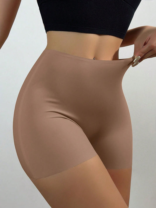 Women's Seamless Ice Silk Safety Shorts With Anti-Light And Non-Rolling Edge Design, Mid-Waist Boxer Briefs For Bottoming Coffee Brown