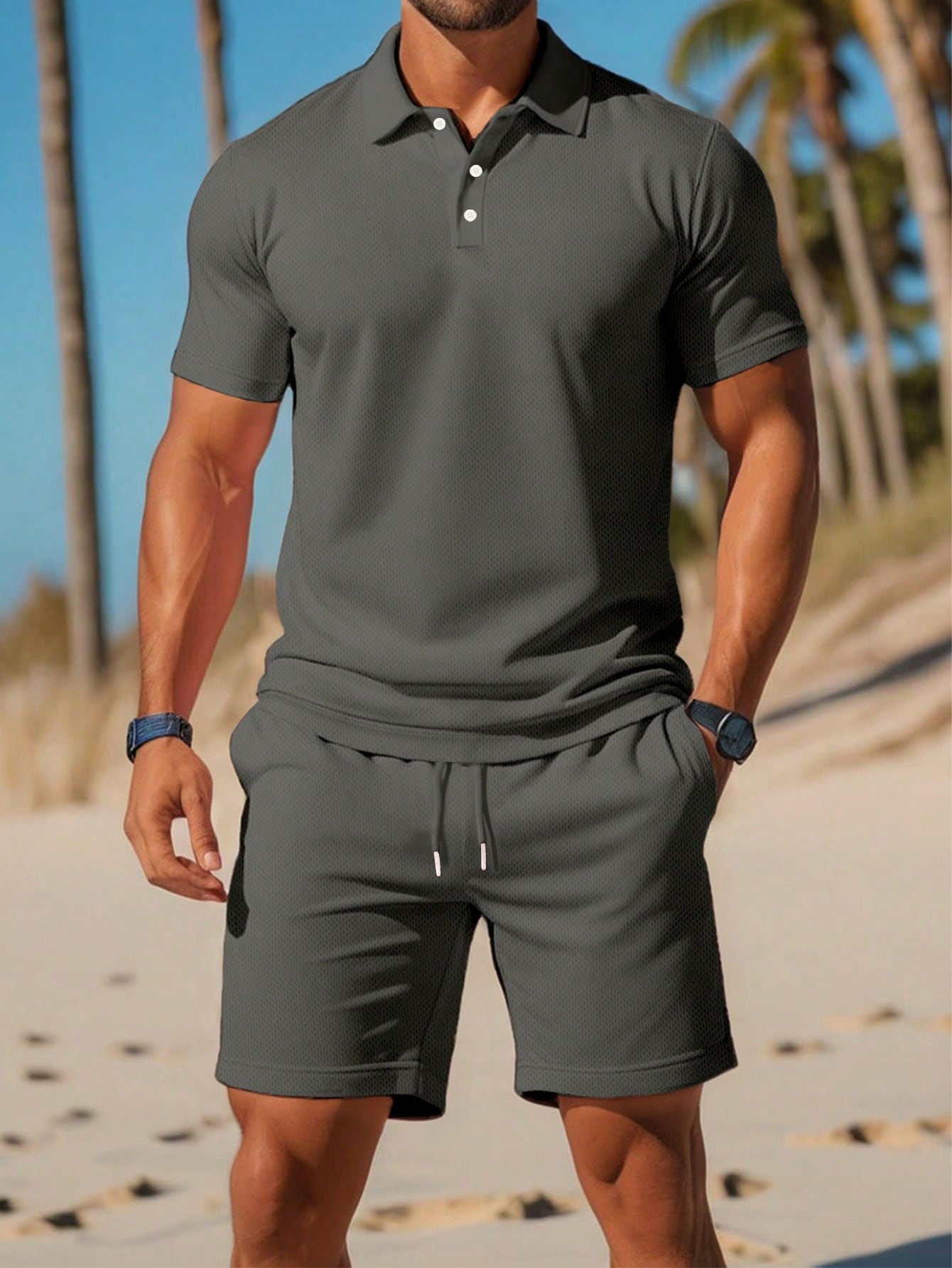 Manfinity Dauomo Men Solid Polo Shirt & Drawstring Waist Shorts Dark Grey