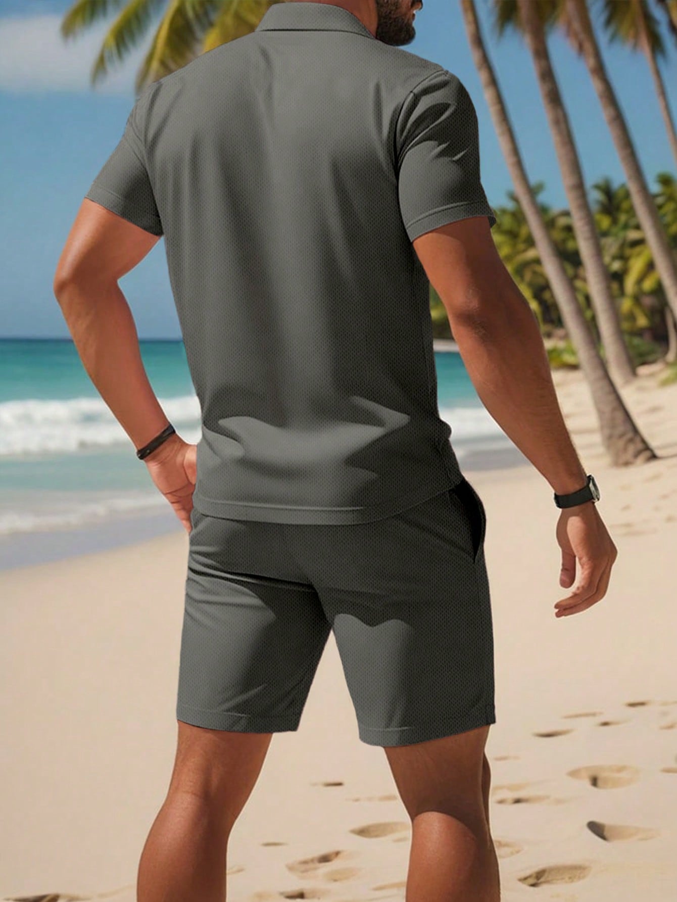 Manfinity Dauomo Men Solid Polo Shirt & Drawstring Waist Shorts Dark Grey