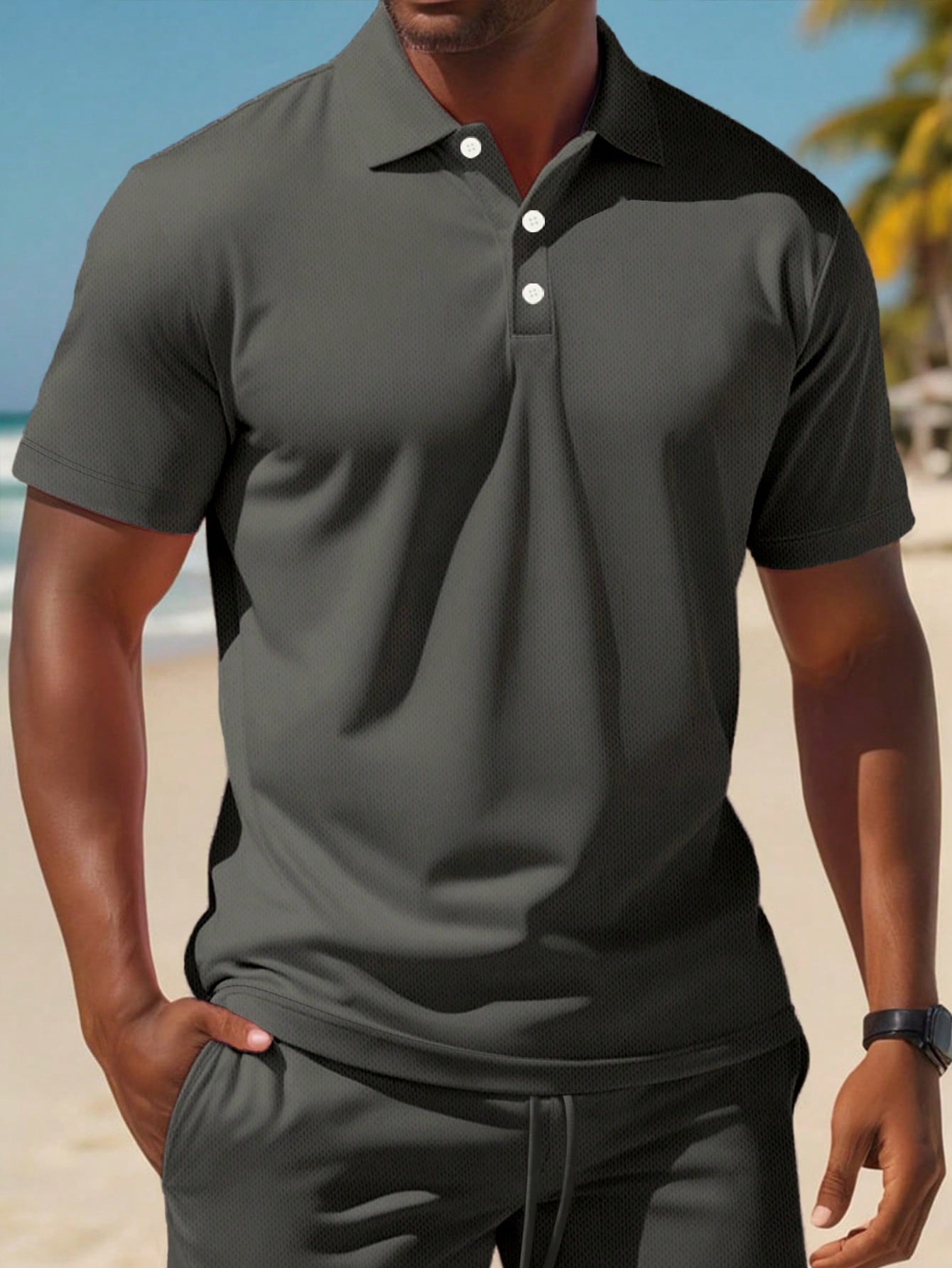 Manfinity Dauomo Men Solid Polo Shirt & Drawstring Waist Shorts Dark Grey