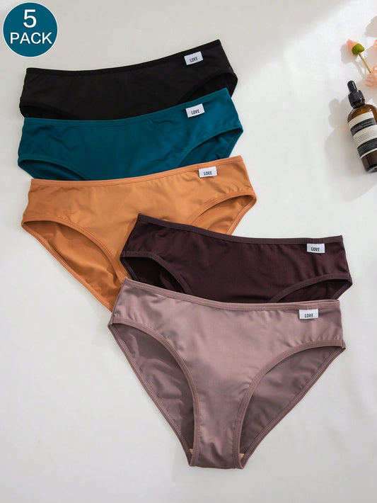 5pcs Women's LOVE Solid Color Comfortable And Breathable Triangle Panties Set Multicolor