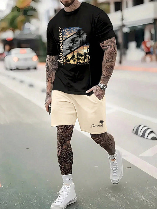 Manfinity Homme Men's Palm Tree Letter Printed Round Neck Short Sleeve Casual T-Shirt And Shorts Set, Summer Multicolor