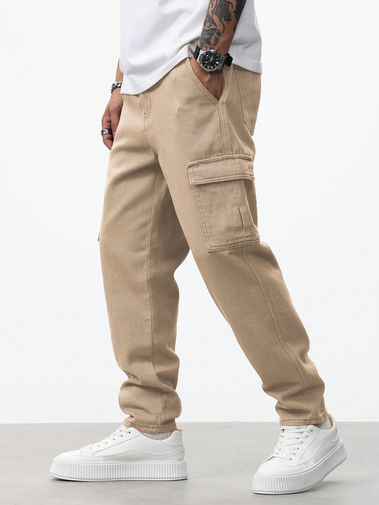 Manfinity RivetRise Men Flap Pocket Side Cargo Jeans Khaki