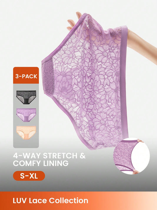 LUVLETTE 3-Pack Lingerie Sexy Mid-Waist Stretchy Comfy Lace Briefs Women Underwear Panties Set Multicolor