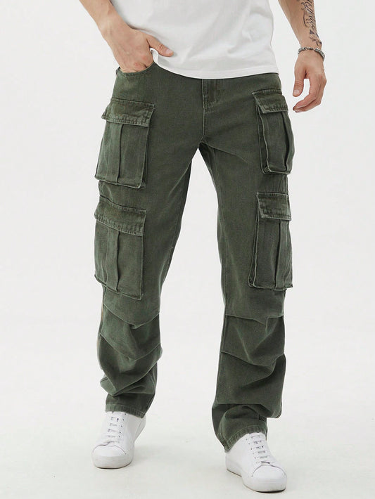 Manfinity EMRG Men Casual Washed Denim Cargo Pants, Plain Olive Green Long Straight Leg Washed Cargo Jeans, For Husband, Boyfriend Gifts Army Green