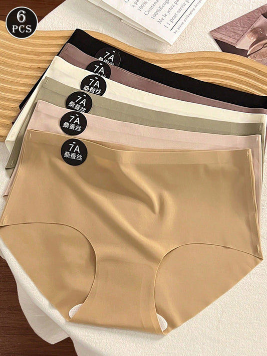 6PCS Seamless Comfortable Briefs, Solid Color Seamless Sexy Panties Lingerie Multicolor