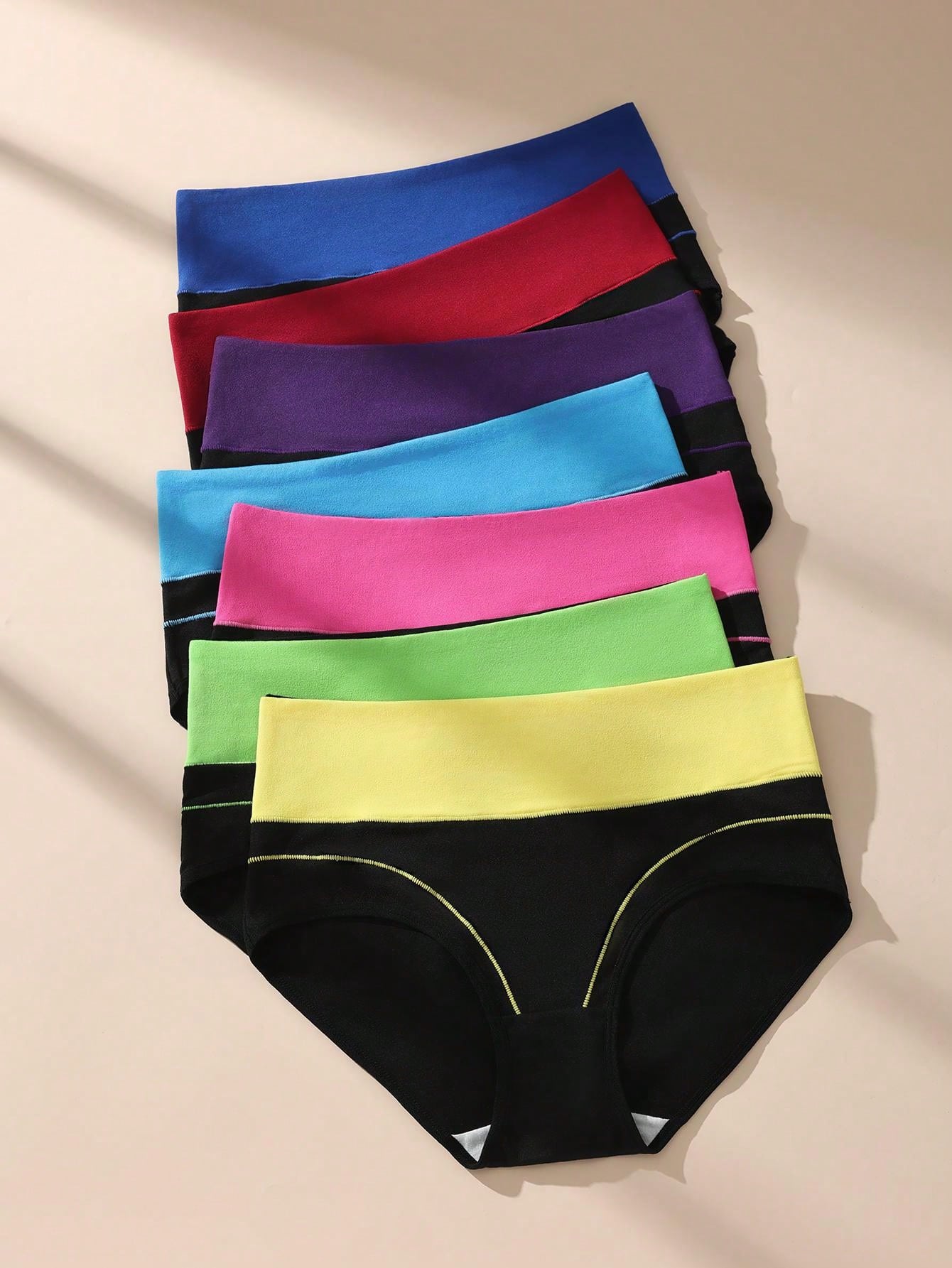 7pcs/Pack Comfortable & Soft High Waist Colorblock Brief Lingerie Multicolor