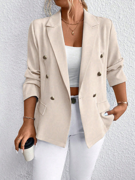 SHEIN LUNE Plus Size Women's Solid Color Notched Collar Long Sleeve Double-Breasted Casual Blazer Khaki