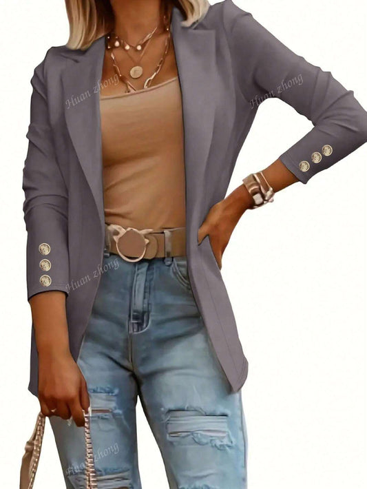 New Elegant Long Sleeve Lapel Blazer Jacket For Women Grey