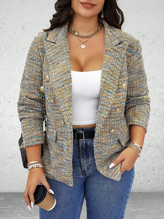 Franclia Plus Size Lapel Collar Long Sleeve Button Front Minimalist Blazer Jacket, Casual Everyday Wear Multicolor