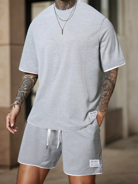 Manfinity Homme Men Letter Patched Detail Contrast Trim Tee & Drawstring Waist Shorts Light Grey