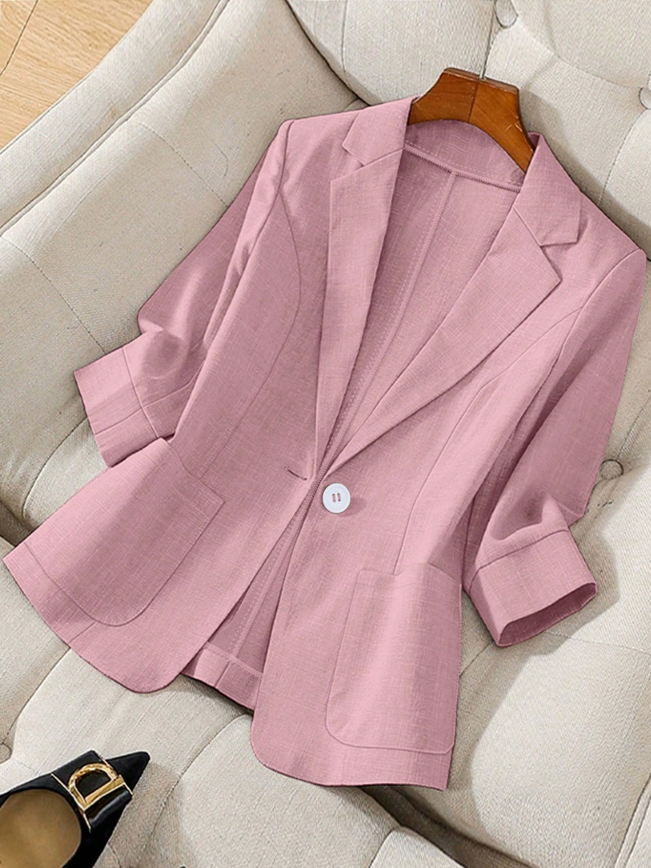 Pariaura Women's Spring & Autumn Stand Collar Long Sleeve Casual Solid Color Blazer Pink