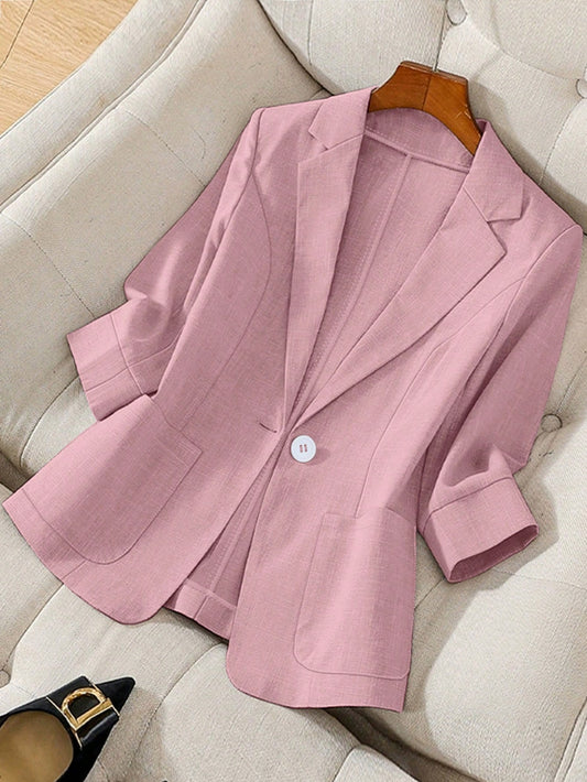 Pariaura Women's Spring & Autumn Stand Collar Long Sleeve Casual Solid Color Blazer Pink