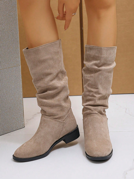 2024 New Low/Flat Heel Tall Boots For Women, Suede Fabric Non-Knee-High Mid-Calf Boots With Wrinkle Vintage Western Riding Style Khaki