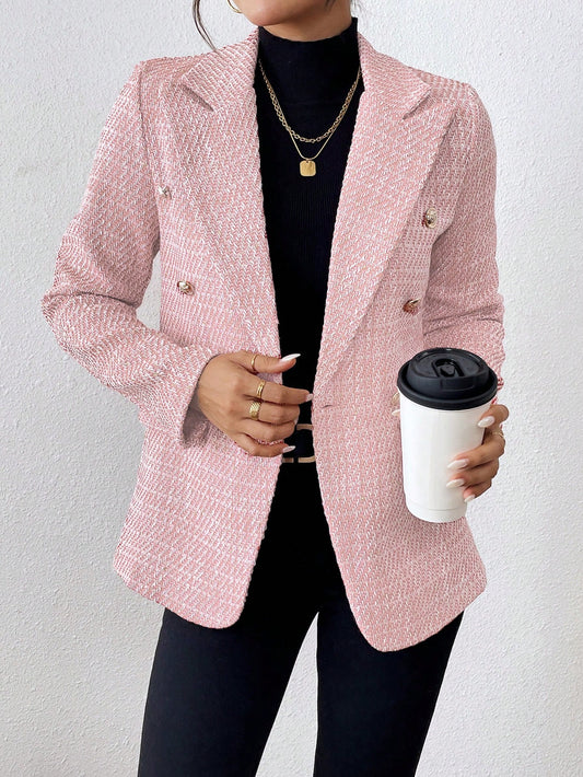 SHEIN Clasi Plain Color Double Breasted Elegant Long Sleeve Suit Jacket Baby Pink