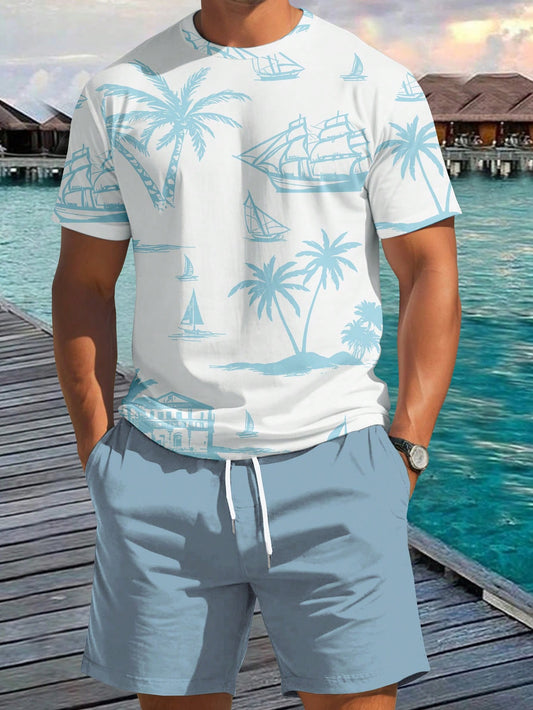 Manfinity RSRT Men's Summer Palm Tree Print Round Neck Short Sleeve Casual T-Shirt And Drawstring Waist Shorts Set Multicolor
