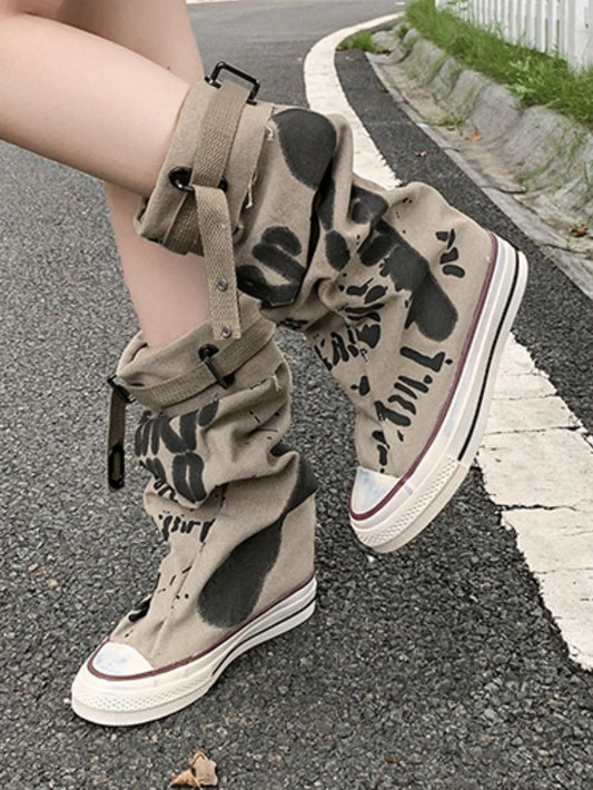 Women's Round Toe Thick Sole Flat Short Boots, Casual Canvas Short Boots For Spring & Autumn Grey