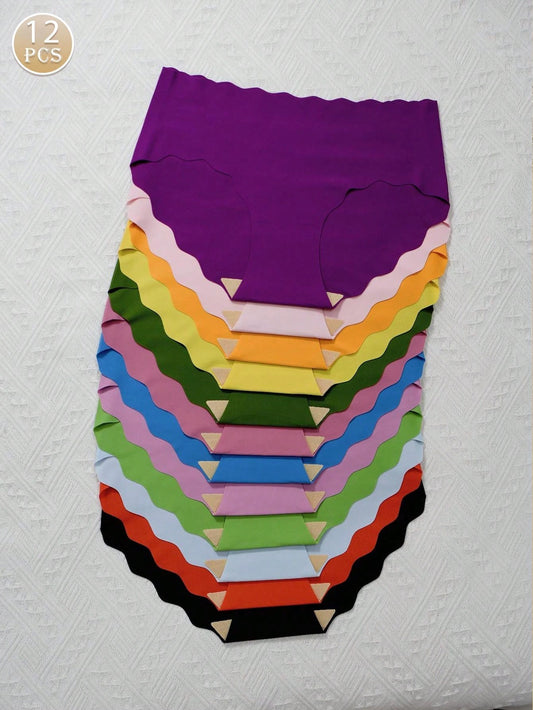 12pcs/Pack - Minimalist Silk-Smooth Naked Feel Breathable Solid Color & Printed Triangle Briefs, Comfortable Skin-Friendly Fabric, Quick-Dry Wave Hem Multicolor