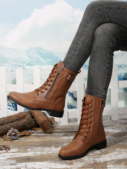 Perfect With Dresses For Women,New Fashion Brown Chunky Heel Mid-Calf Boots For Women Brown