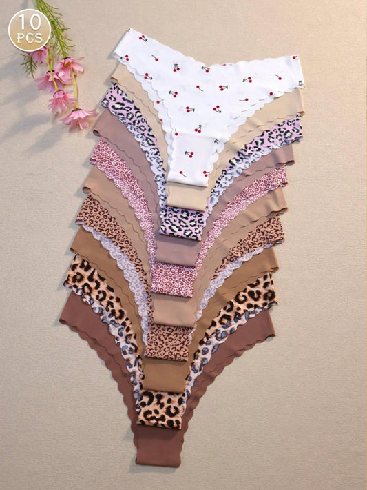 10pcs Women Seamless Wavy Edge Breathable Comfortable Soft Fabric Sexy Triangle Panties Multicolor