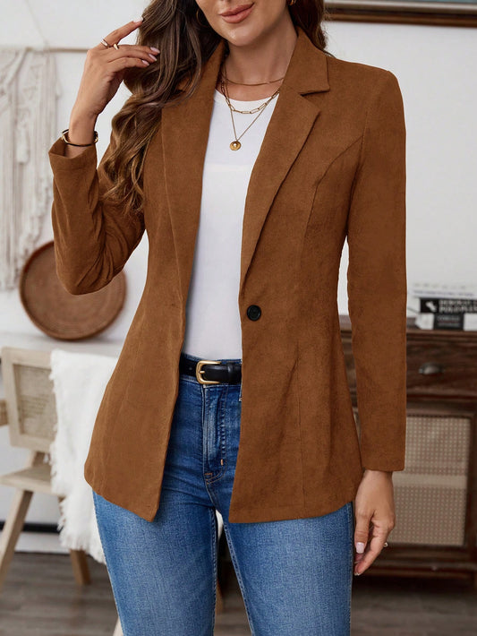 EMERY ROSE Women's Solid Color Lapel Neck Long Sleeve Single Breasted Casual Blazer Jacket, Autumn Brown