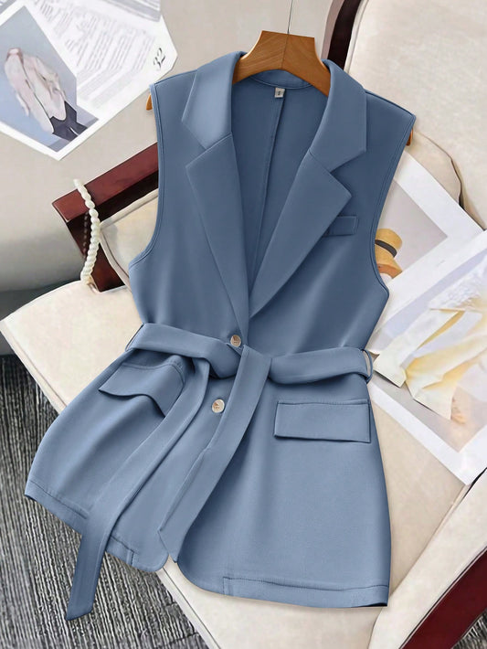 SHEIN Clasi Women's Solid Color Lapel Sleeveless Casual Blazer Jacket, Autumn Dusty Blue