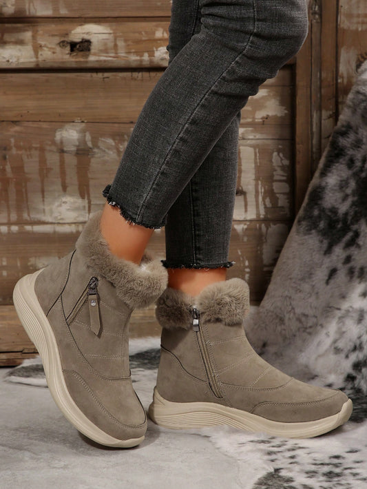 Women's Buckle Comfortable Soft Snow Boots Round Toe Lace-Up Anti-Slip Flat Boots, New Brown Winter Casual Warm Plush Ankle Boots Brown