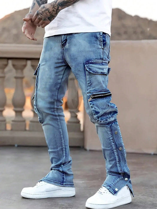 Men's Casual Multi-Pocket Denim Pants, Fashionable And Simple Daily Wear Light Wash