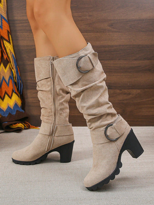 2024 New Brown Over-The-Knee Mid-Calf Boots, European & American Fashion Suede High Heel Buckle Strap Wrinkle Equestrian Boots, Autumn/Winter Beige