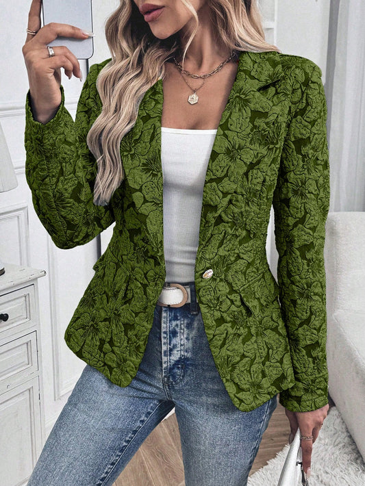 SHEIN Clasi Women Floral Jacquard Lapel Collar Long Sleeve Elegant Blazer Jacket, Autumn Dark Green