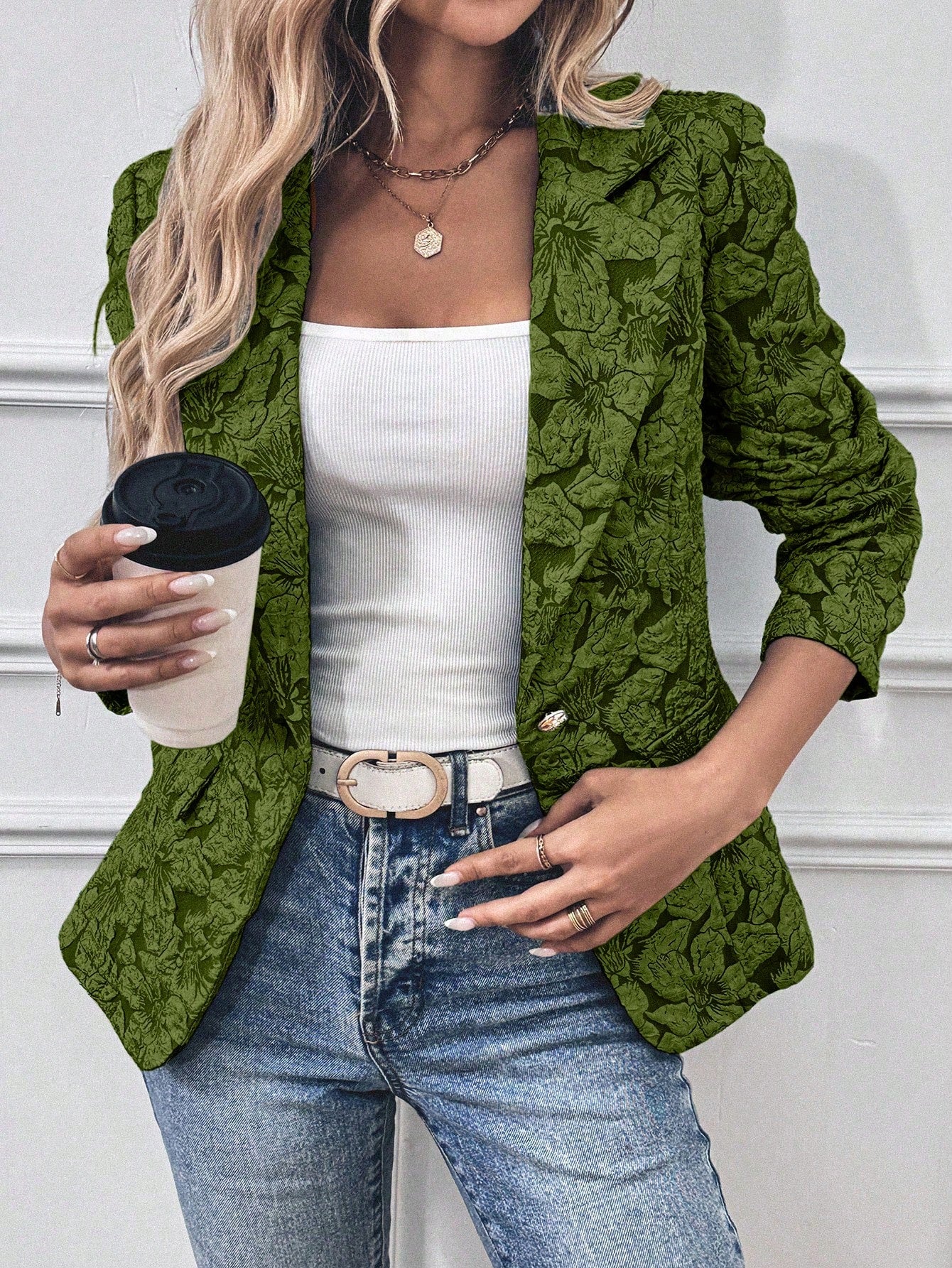 SHEIN Clasi Women Floral Jacquard Lapel Collar Long Sleeve Elegant Blazer Jacket, Autumn Dark Green