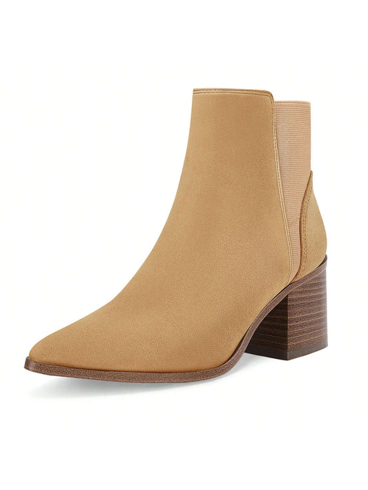 TINSTREE TINSTREE Womens Pointed Toe Ankle Boots Elastic Chunky Block Stacked Mid Heel Slip On Chelsea Booties light brown