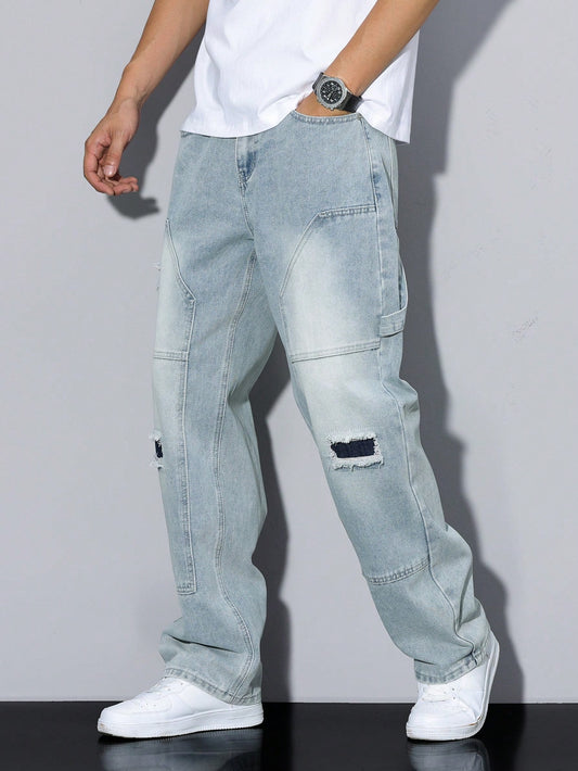 Manfinity RivetRise Men's Simple Ripped Pocket Jeans, Casual Daily Wear Light Wash
