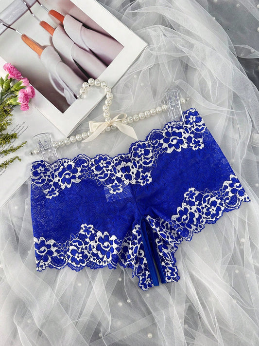 1pc Women's Sexy Lace Crotchless Underwear, Provocative Sheer Panty For Intimate Nights, Suitable For Valentine's, Christmas, Clubbing Navy Blue