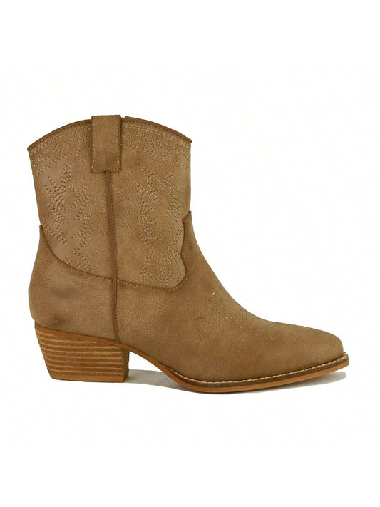 Western-Inspired Boot With Intricate Stitching Taupe