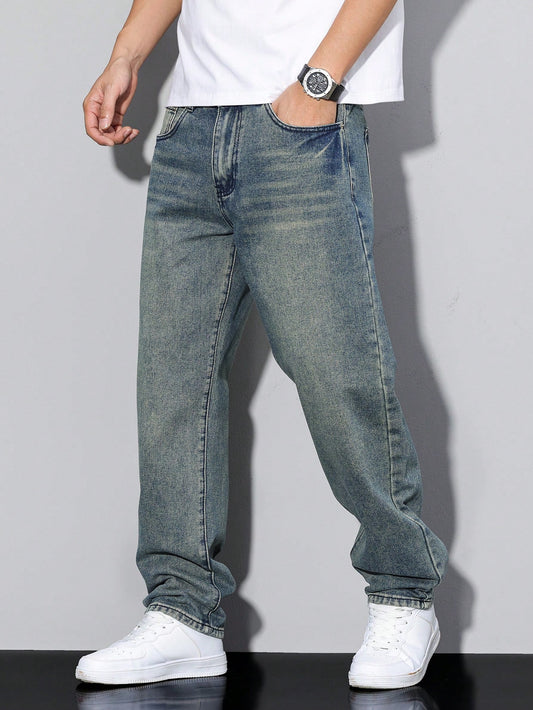 Manfinity Homme Men's Straight Loose Casual Versatile Jeans With Pockets Blue