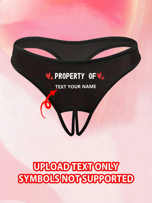 Women's Sexy Backless Custom Name/Letter Printed Thong Panties, Personalized Intimate Lingerie Black