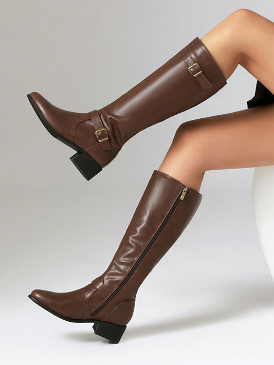 JIAOFEITI Women's Vintage Side Zipper Knee-High Boots, Round Toe Flat Riding Boots For Spring And Autumn Brown